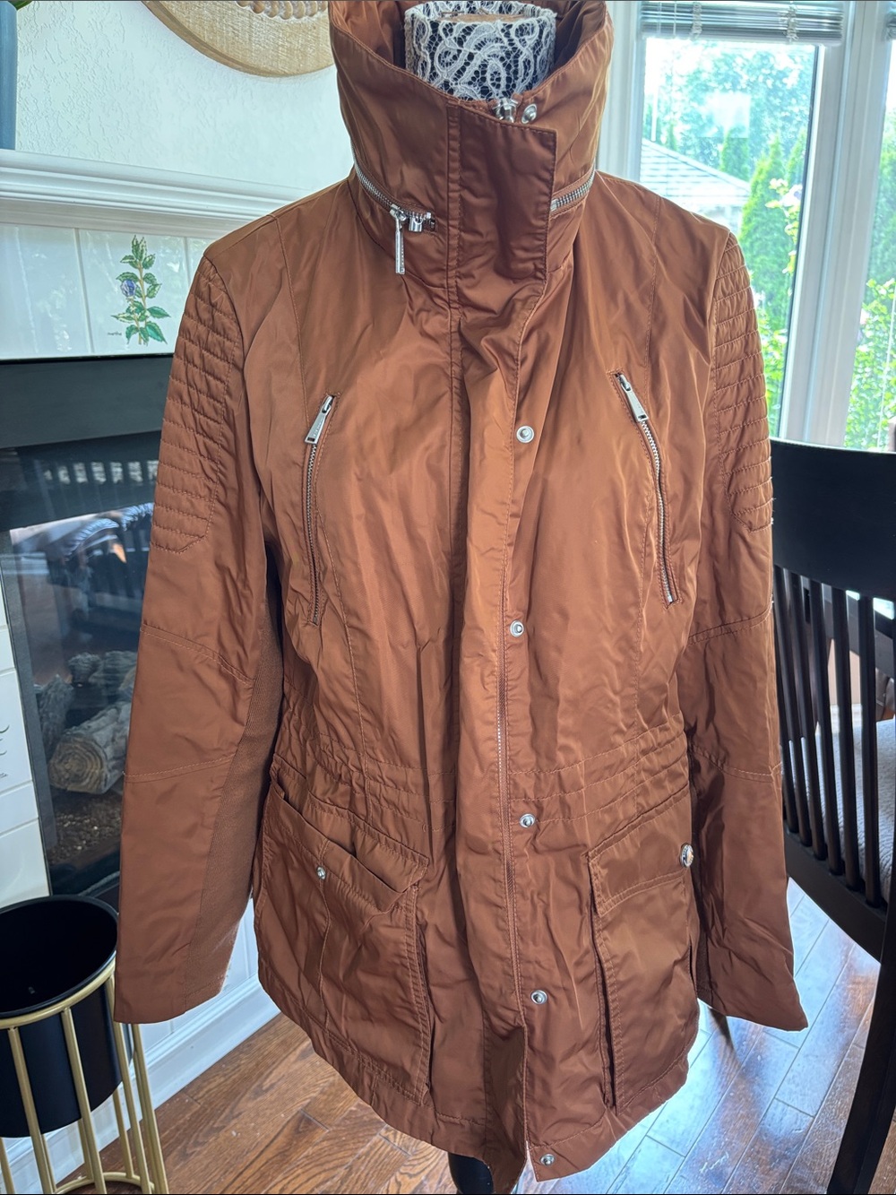 BCBG Women’s Camel Brown Quilted-Trim Jacket